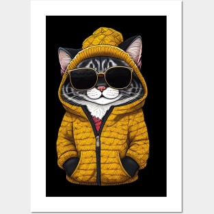 Cool Cartoon Cat in Jacket, Cap, and Sunglasses 2 Posters and Art